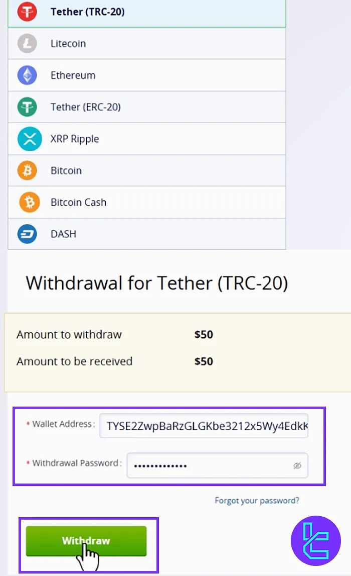 Wallet Address and Withdrawal Password for Tether TRC20 payout in Crystal Ball Markets