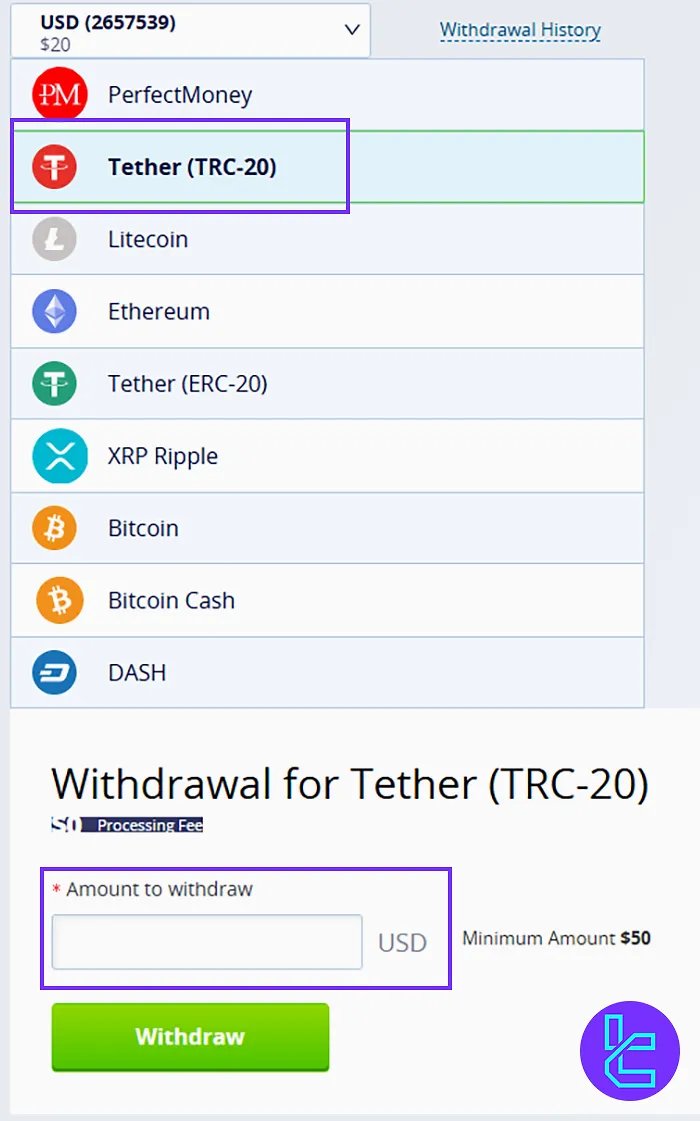 Selecting the Tether TRC20 Withdrawal in Crystal Ball and Inserting the amount