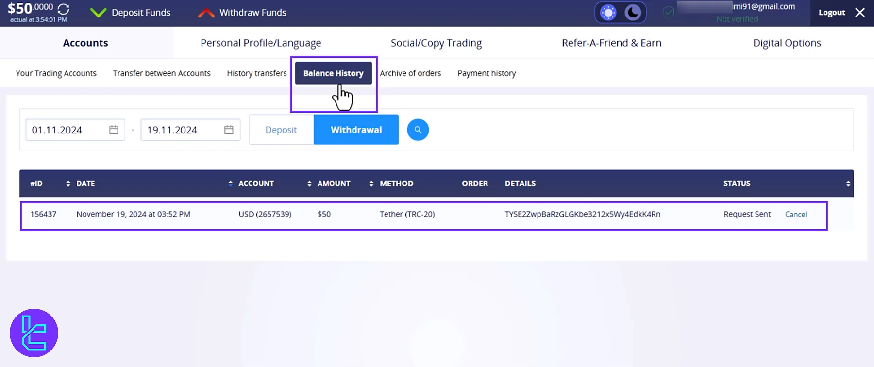 Monitor Tether TRC20 Withdrawal Status in Crystal Ball