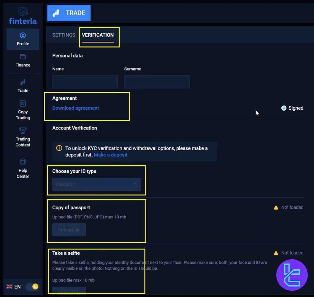 Upload ID Documents and Selfie to Verify Finteria