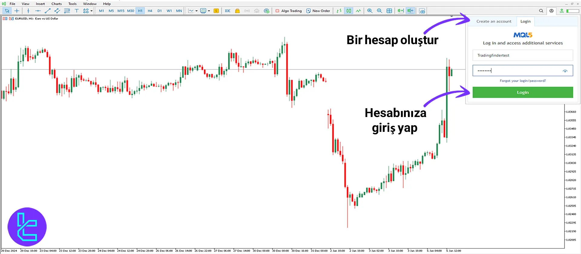 MT5’te giriş yapma ve hesap oluşturma