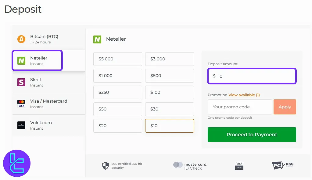 IQ Option Neteller account funding section