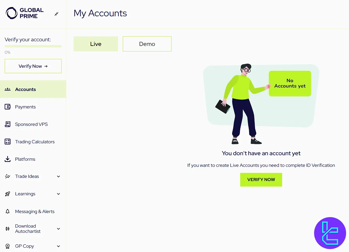 Global Prime dashboard interface after registration