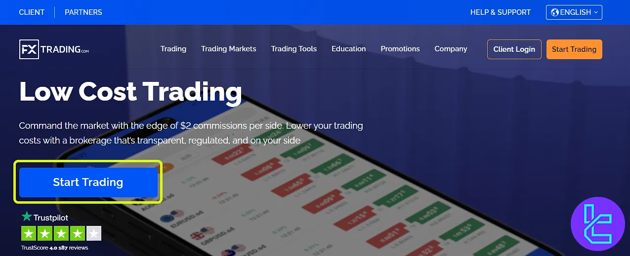 FXTrading account opening process from the main page