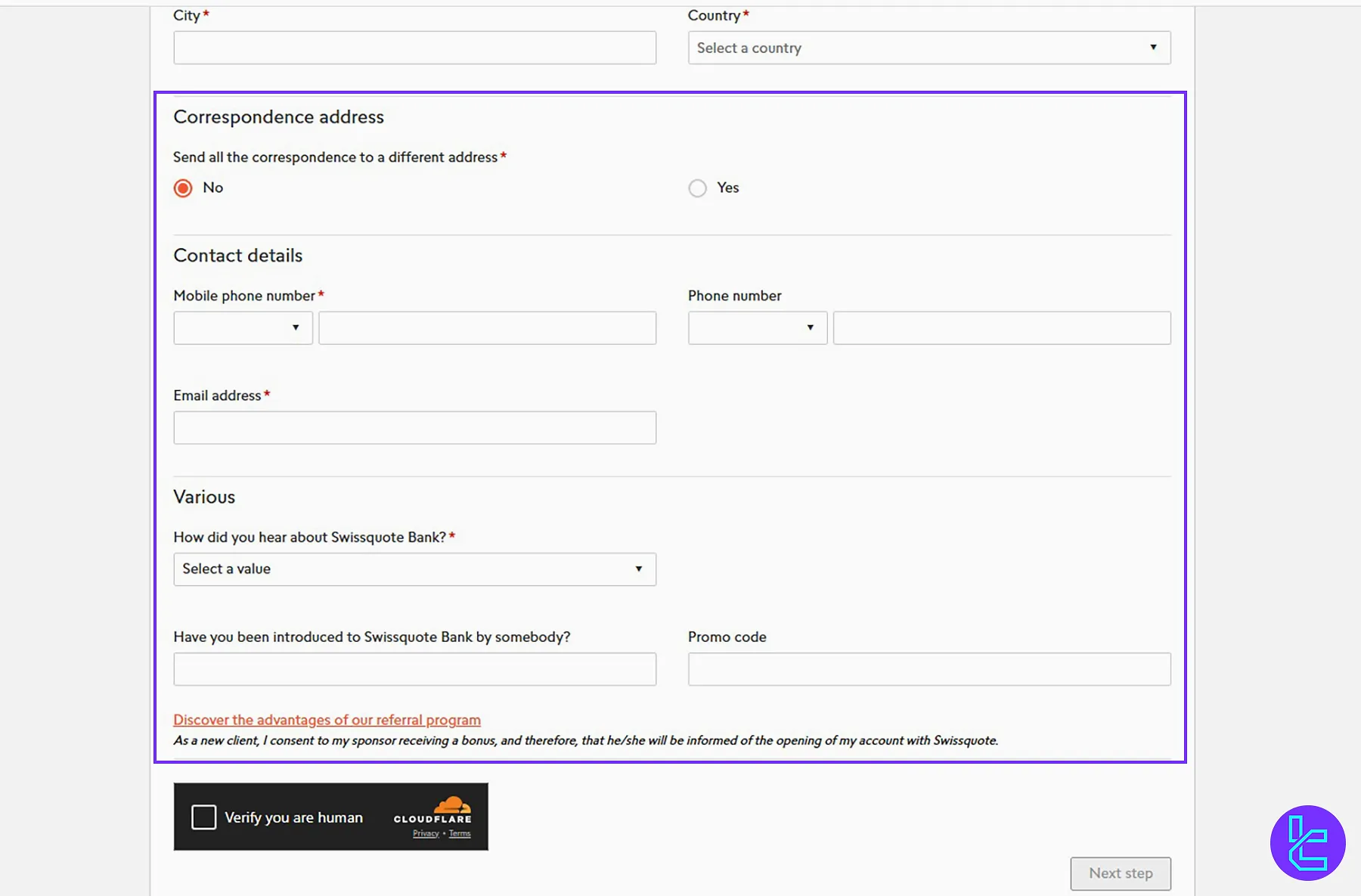 Entering contact details on the Swissquote account creation form