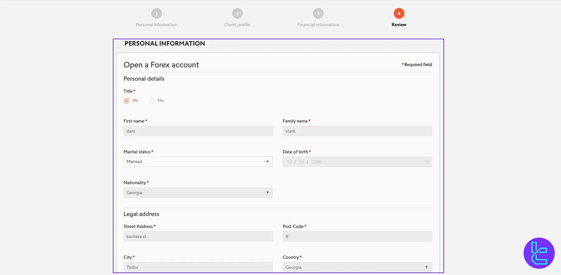 Reviewing and submitting your registration details on Swissquote