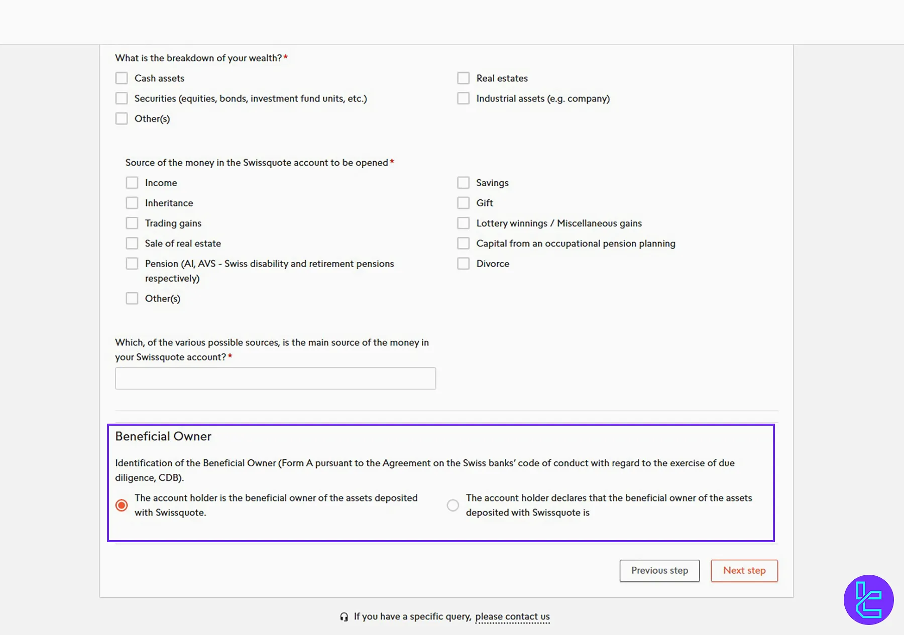 Determining the beneficial owner in the Swissquote signup