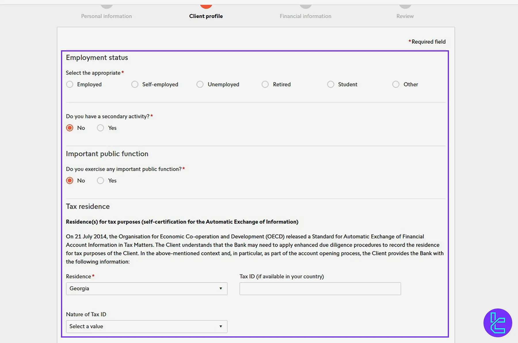 Filling in work and tax information on the Swissquote signup form