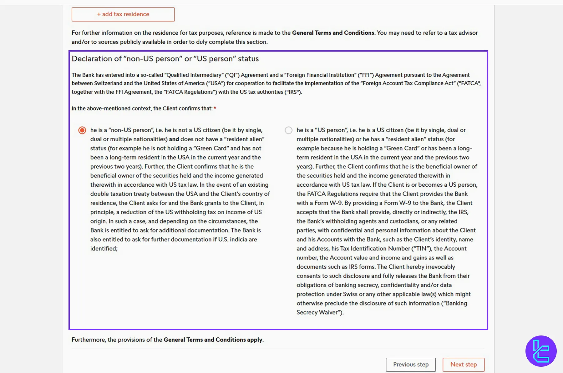 Selecting between “US person” and “non-US person” in the Swissquote signup process