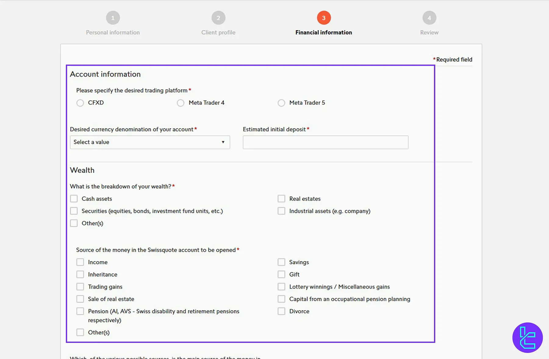 Selecting trading preferences and financial details on the Swissquote registration form