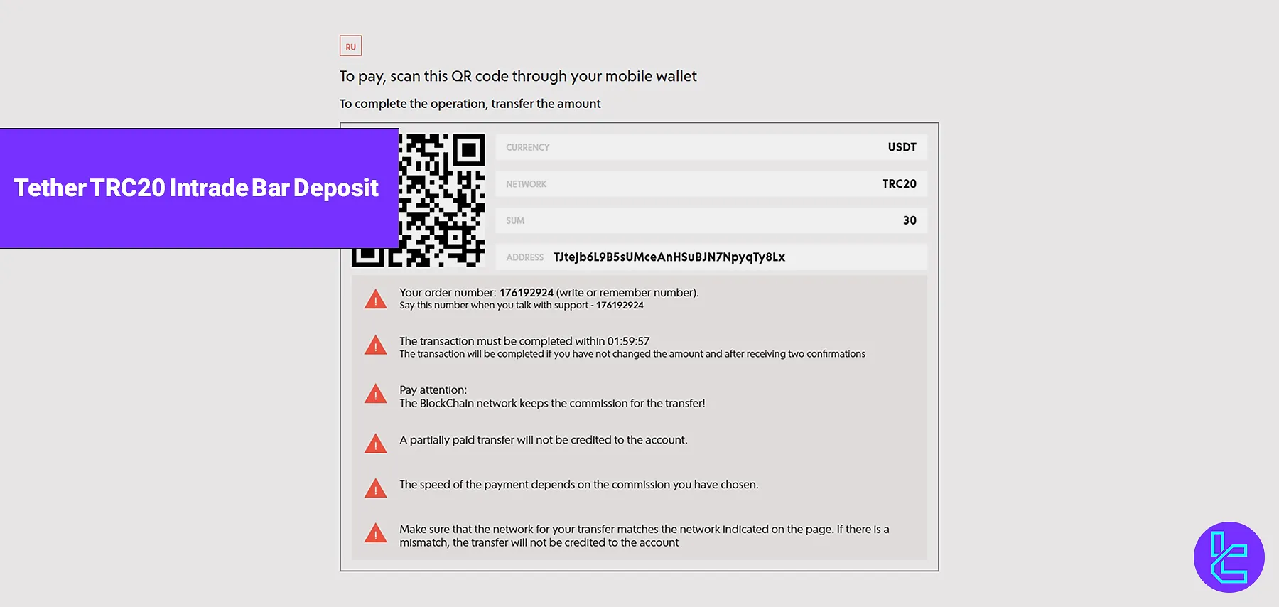 Tether TRC20 Intrade Bar Deposit - Fund a minimum of [$10] in 2025