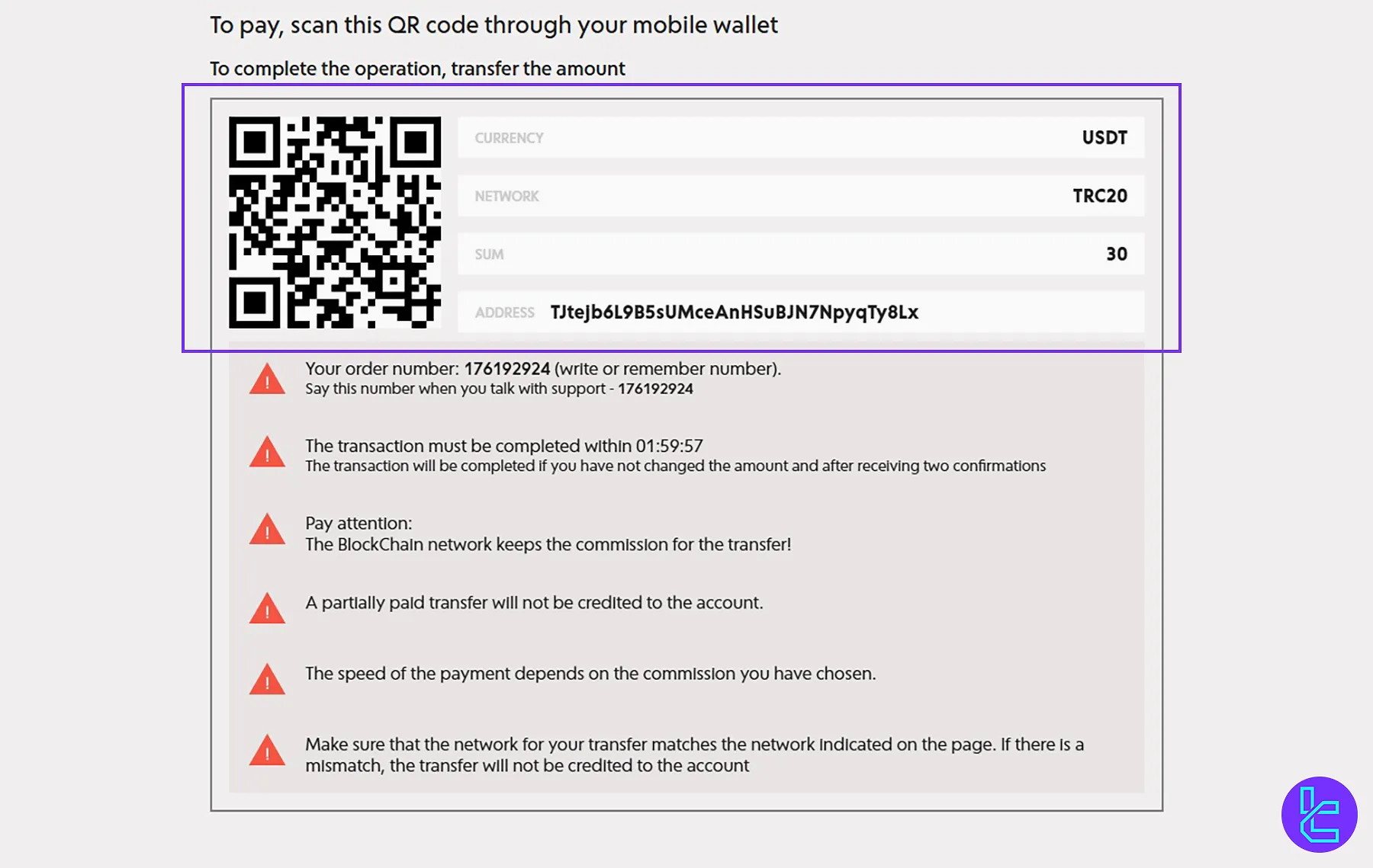 Scanning the Intrade Bar QR Code to deposit with Tether TRC20