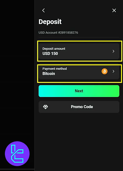 Selecting Bitcoin as the payment method and entering the deposit amount in OlympTrade