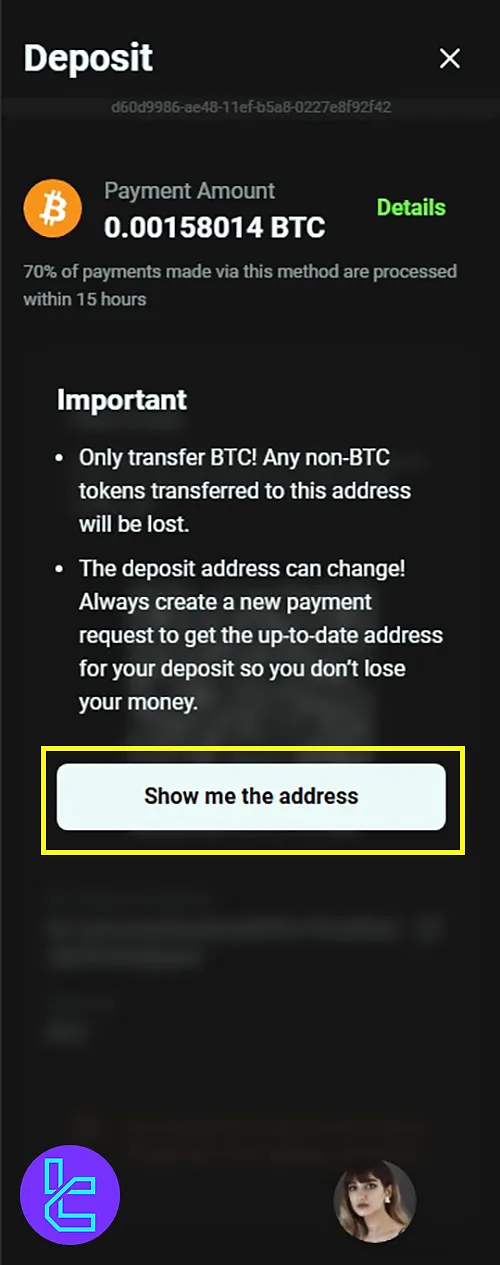 Showing the wallet address to fund your OlympTrade account with BTC