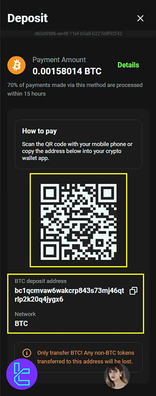 Copying the Bitcoin address or scanning the QR code for the OlympTrade BTC payment