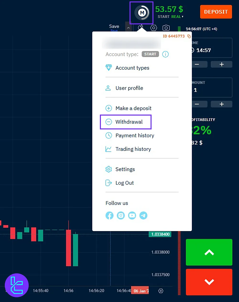 Accessing the Tether TRC20 withdrawal section in your Binarium account dashboard