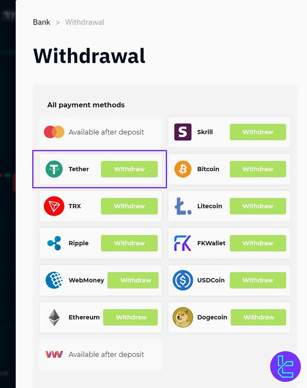 Selecting Tether TRC20 as the withdrawal method on Binarium with a $50 minimum limit