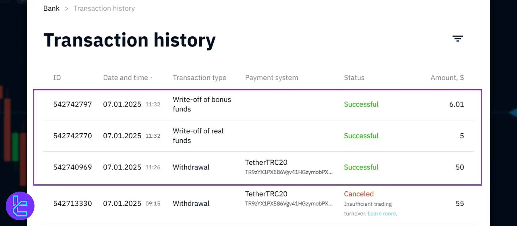 Binarium Tether TRC20 Withdrawal Completed