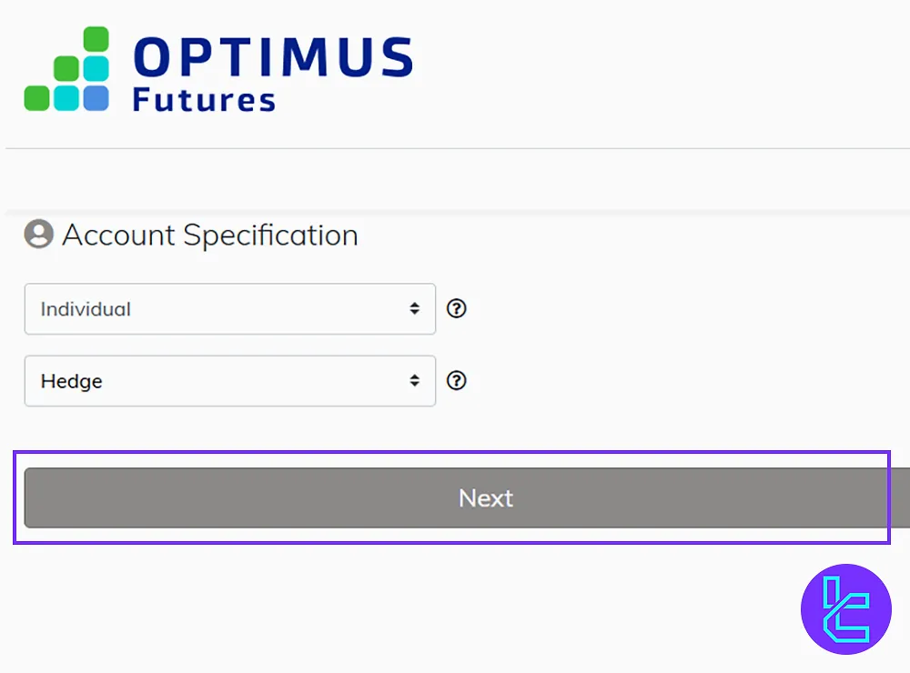 Optimus account type selection for registration