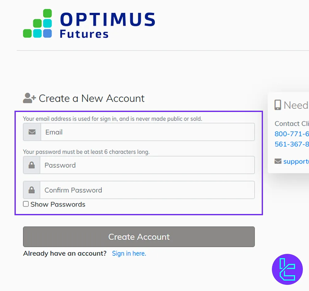 Optimus signup using email and password fields