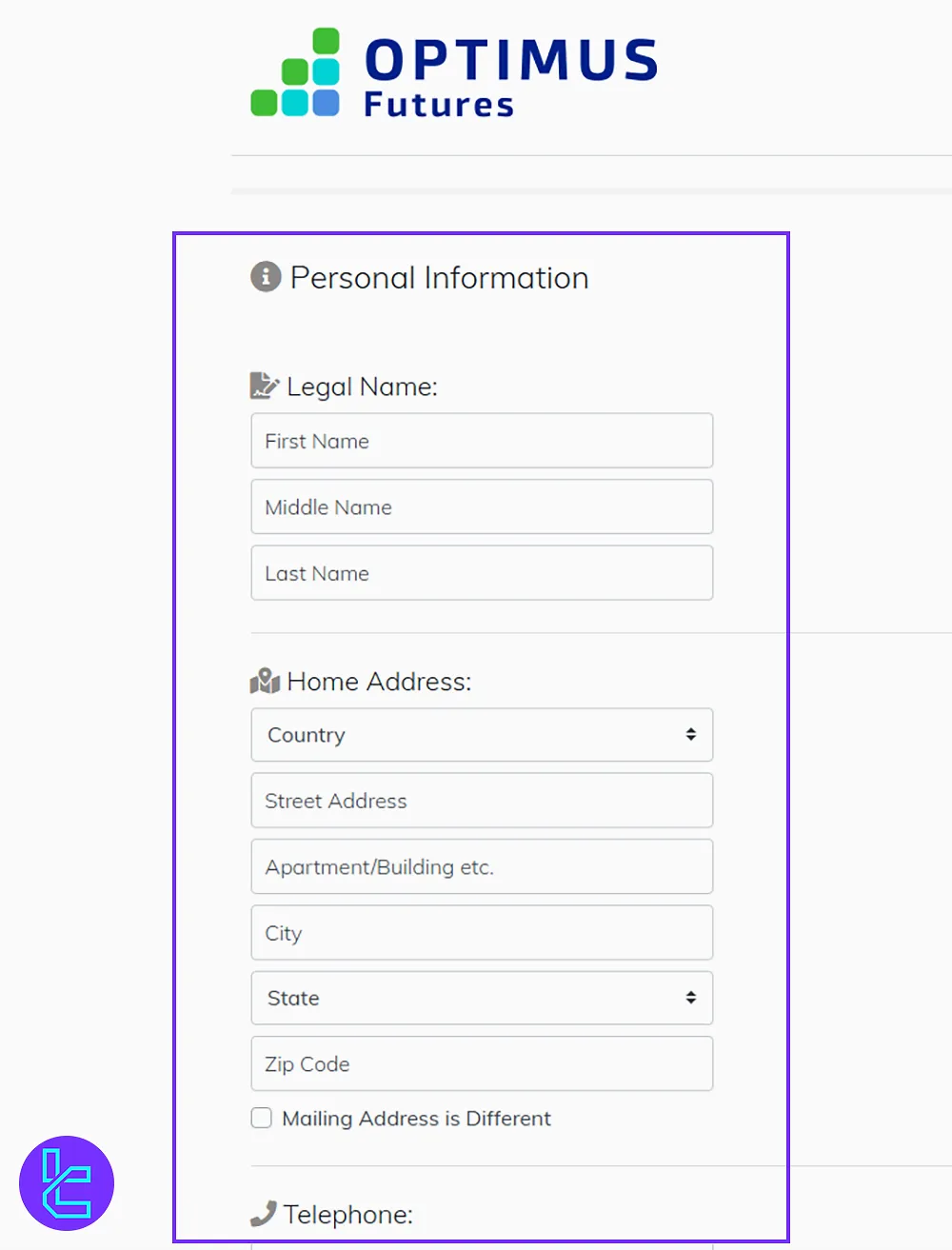 Personal information form for Optimus account creation