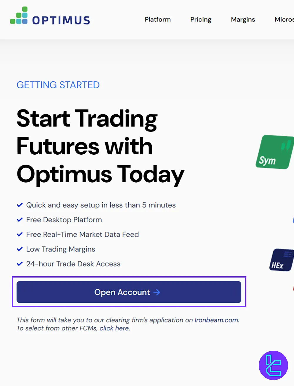 Clicking the Open Account option to start signup in Optimus