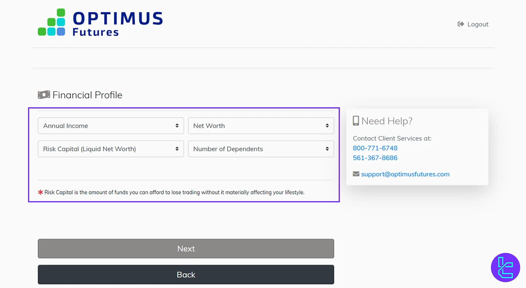 Optimus financial and investor profile form for registration