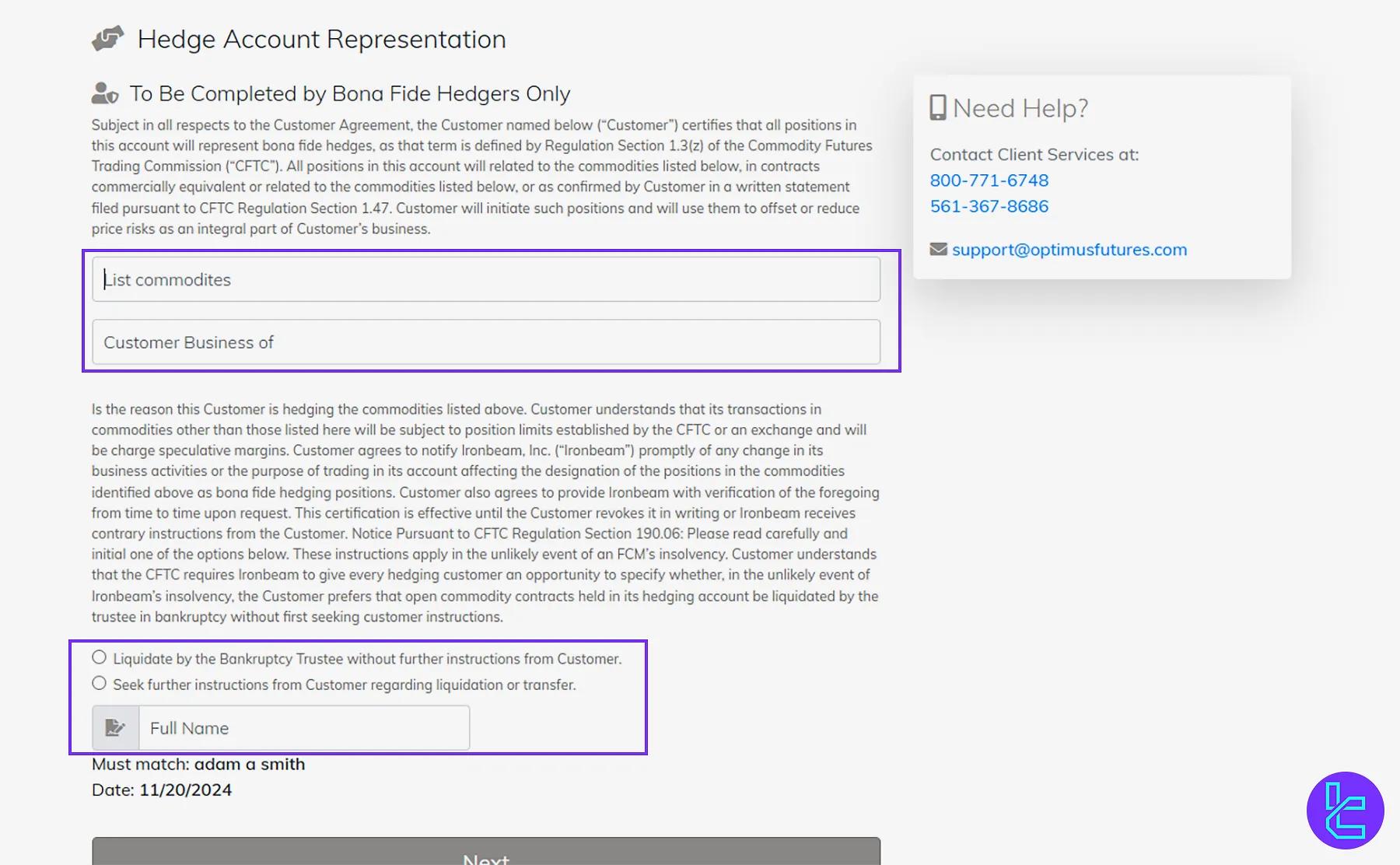 Hedge account representation details required for Optimus signup