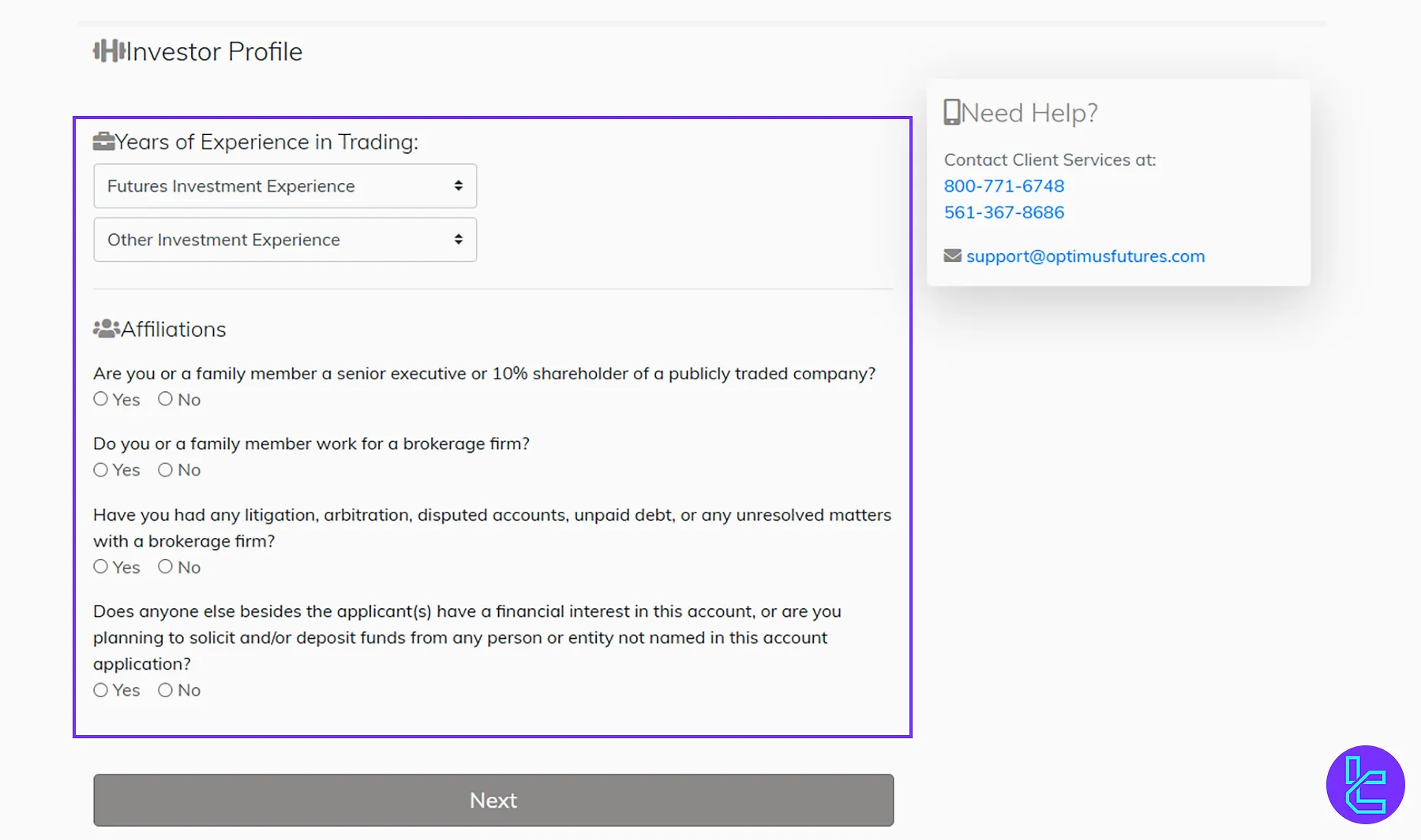 Investor Profile during the signup with Optimus