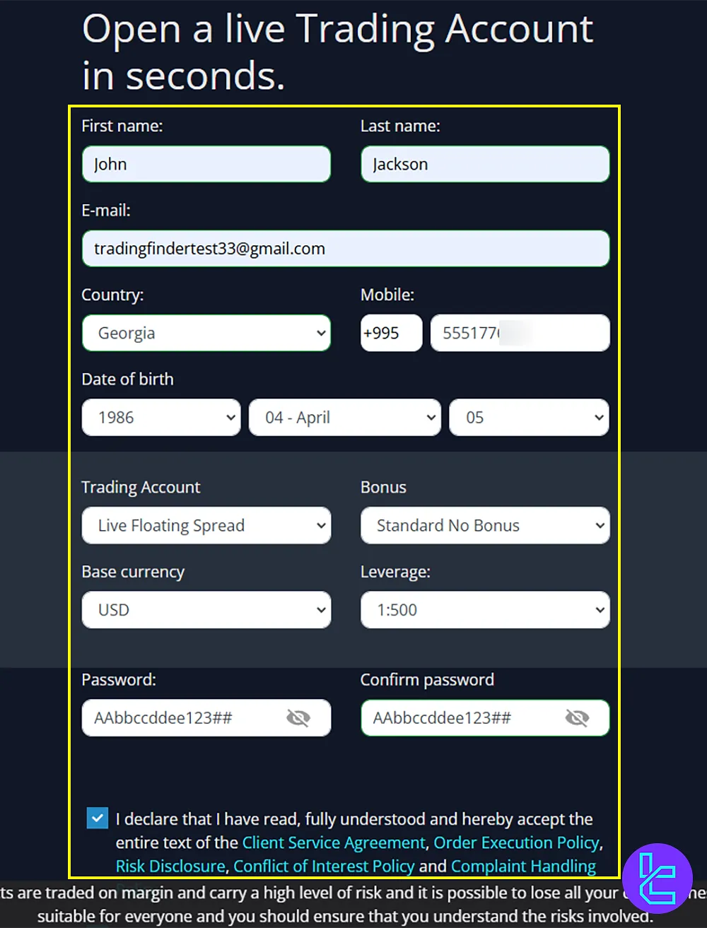 Entering personal details and trading preferences during registration with T4Trade