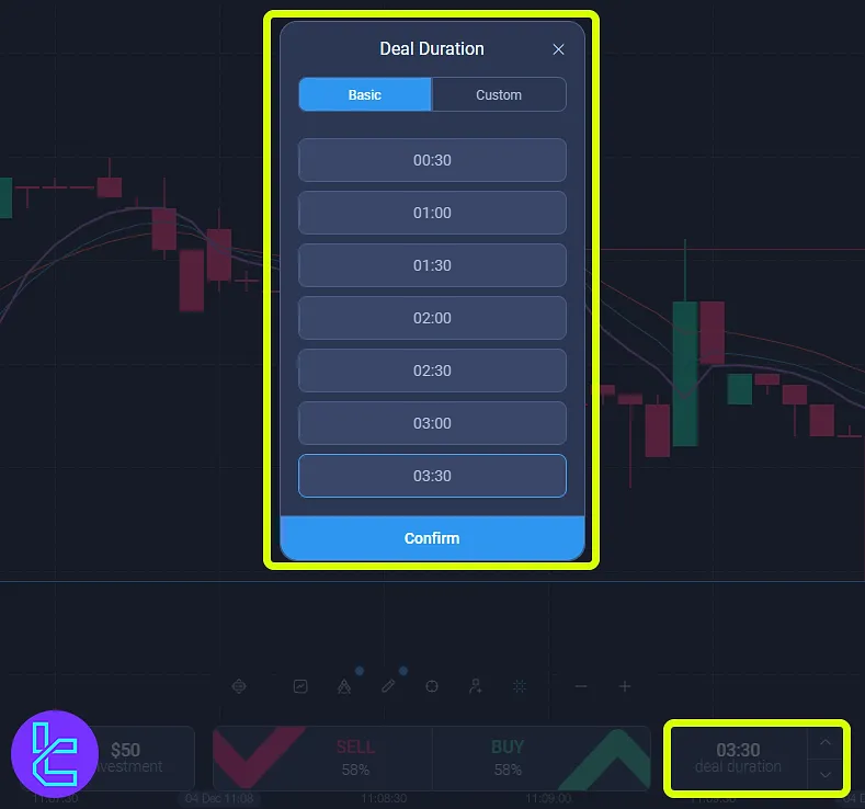 Trade duration in ExpertOption trading cabin