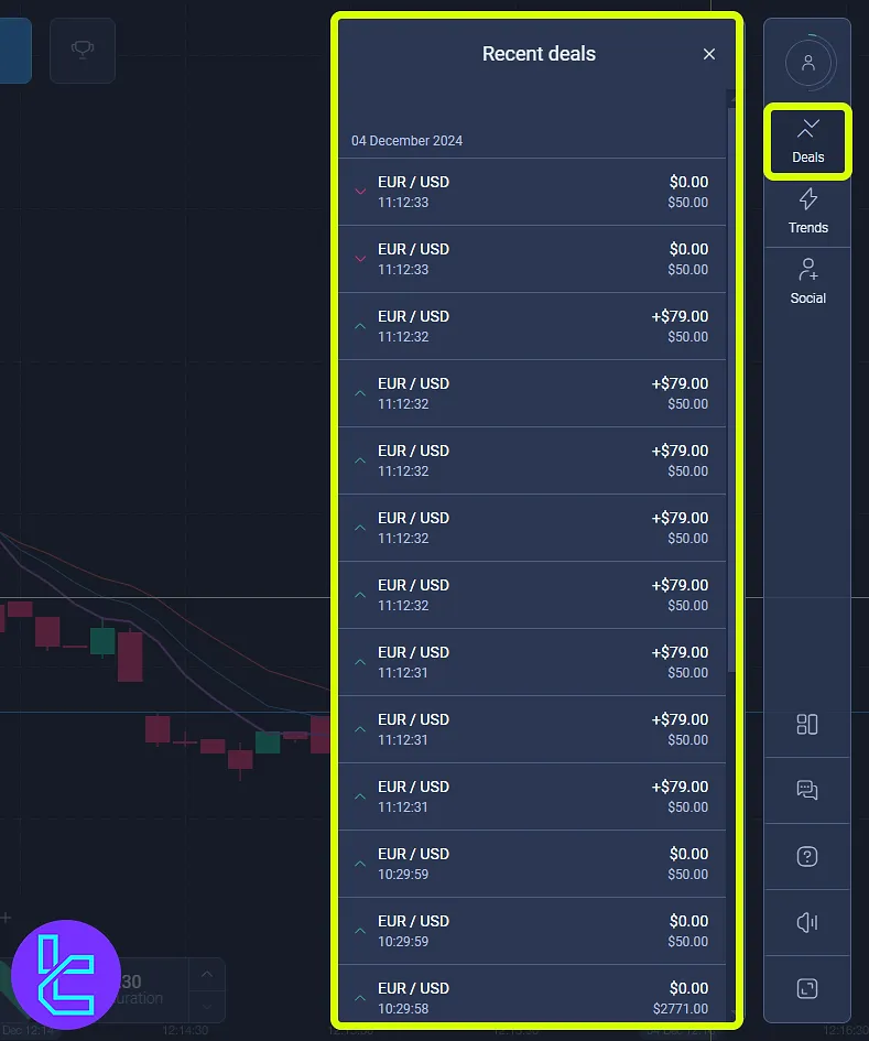 The deals tab in ExpertOption trading cabin