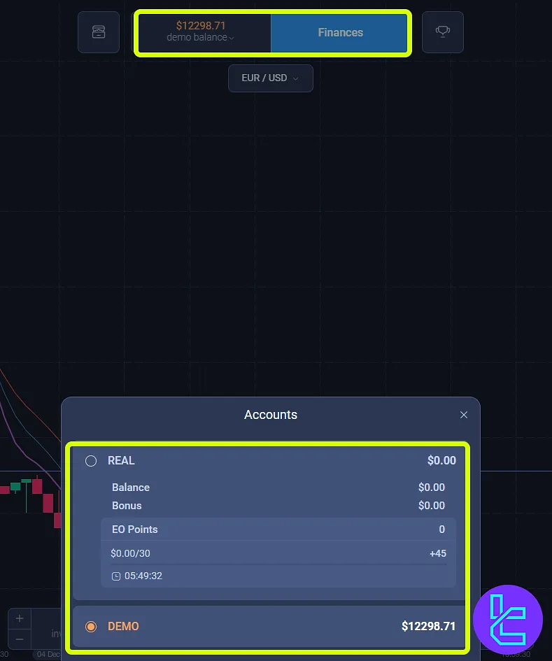 ExpertOption trading cabin account selection