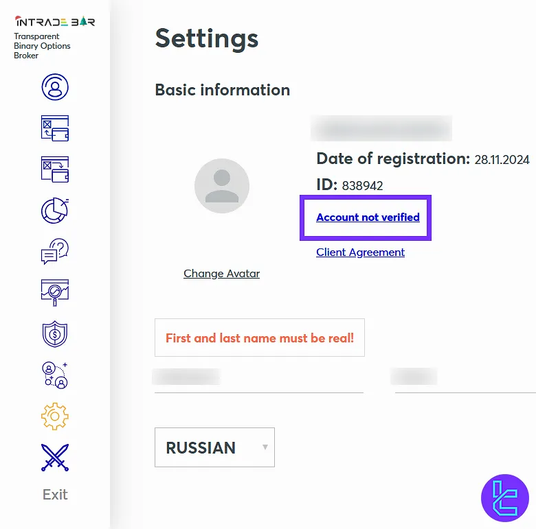 Intrade Bar identity verification in the settings tab