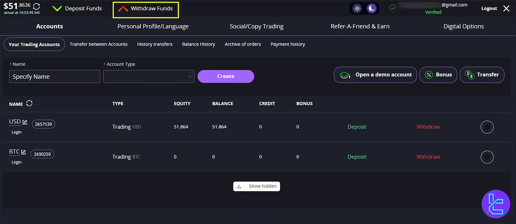 CrystalBall Withdraw Funds Section