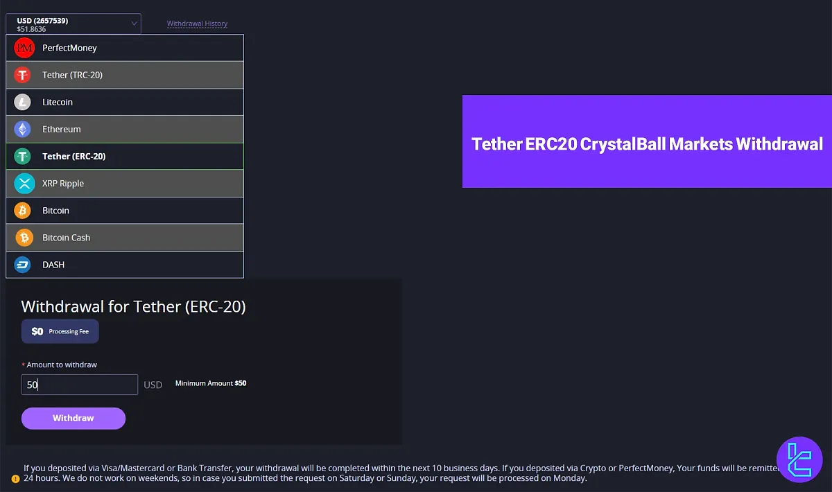 Tether ERC20 CrystalBall Markets Withdrawal - Cash-out to ERC20 Wallet 2025