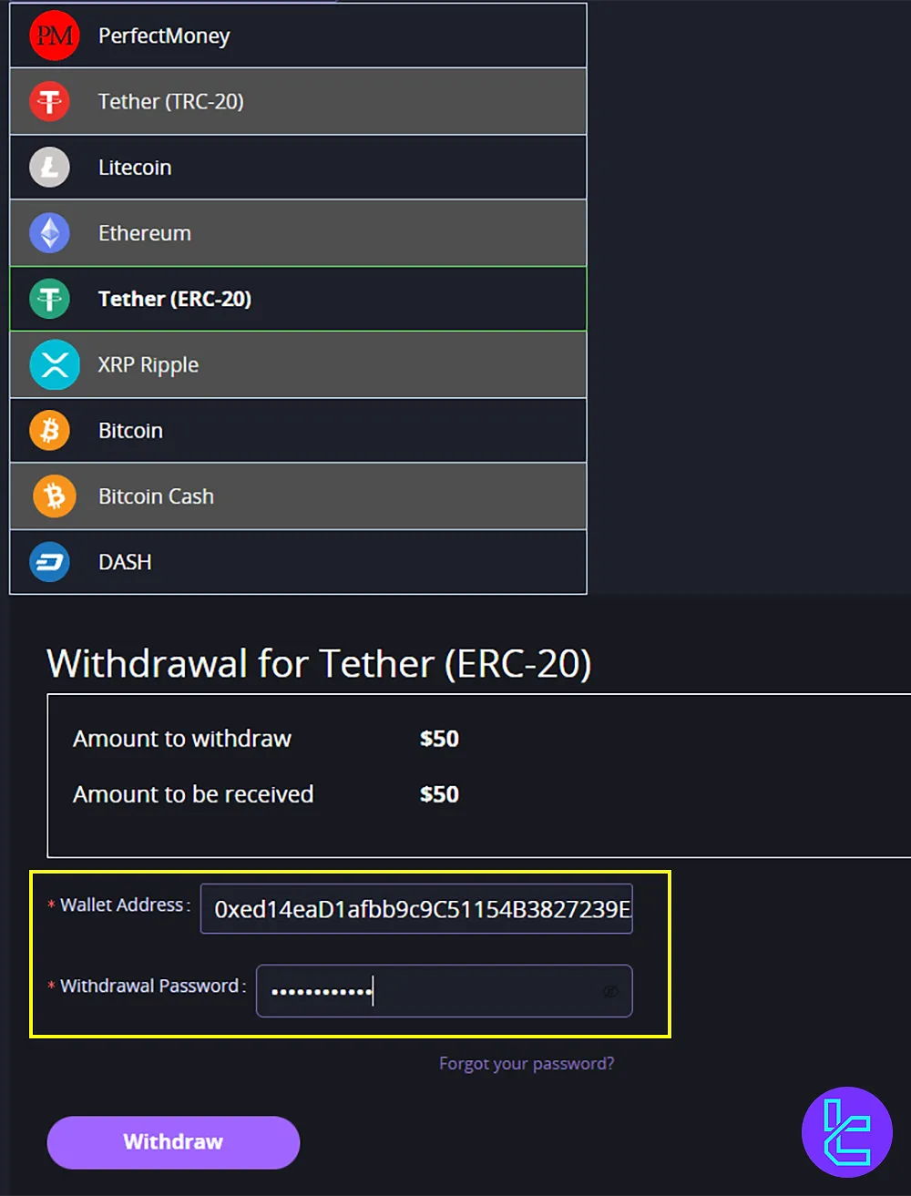 Providing Tether ERC20 wallet address and CrystalBall withdrawal password