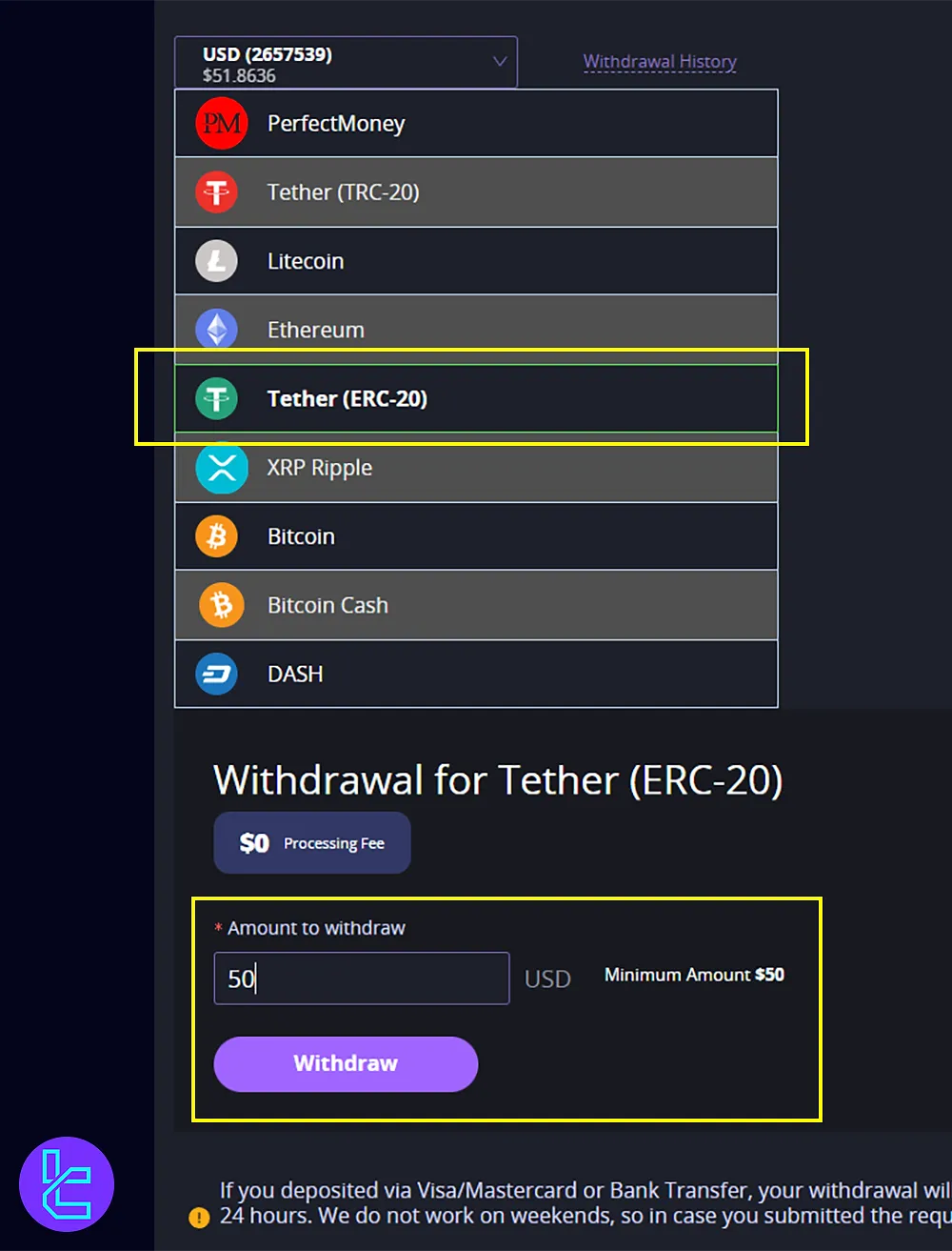 Selecting Tether ERC20 and enter the withdrawal amount on CrystalBall