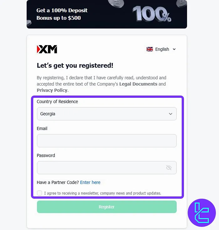 XM Group registration form