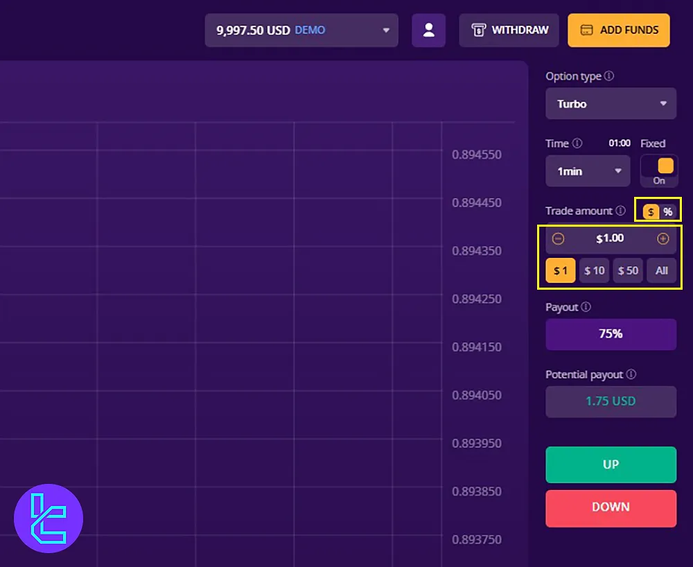 IQcent Trading Room, Trade Amount Settings