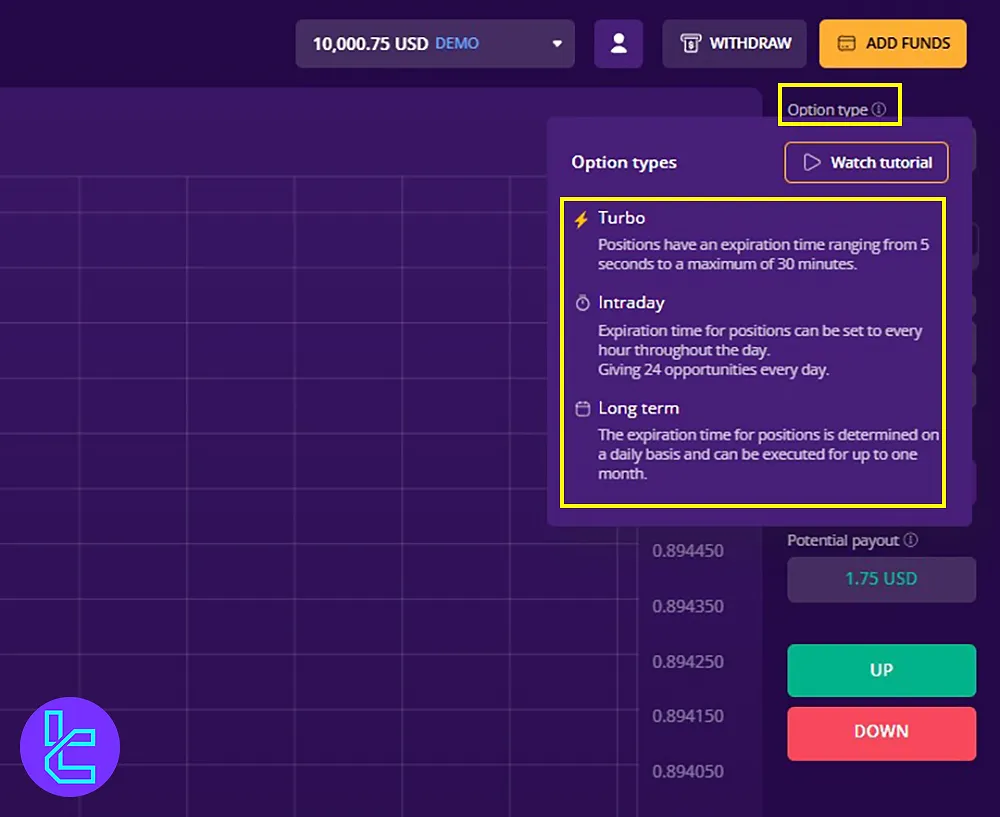 IQcent Trading Options in the trading platform