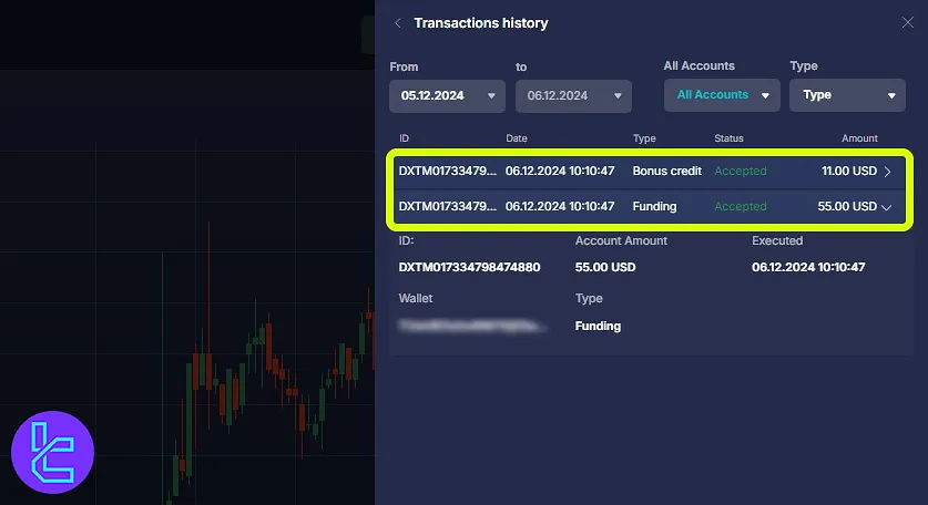 Daxbase Tether deposit in the Transaction history tab