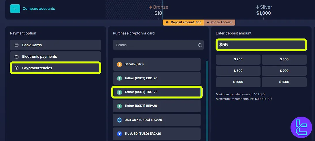 Daxbase USDT TRC20 funding details