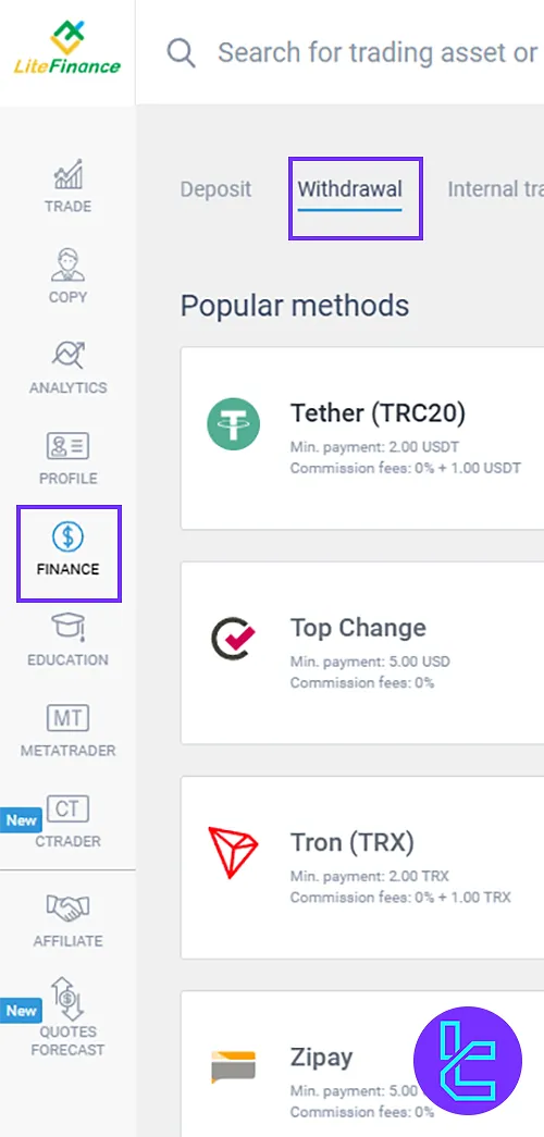 Access the LiteFinance withdrawal page for Tether TRC20