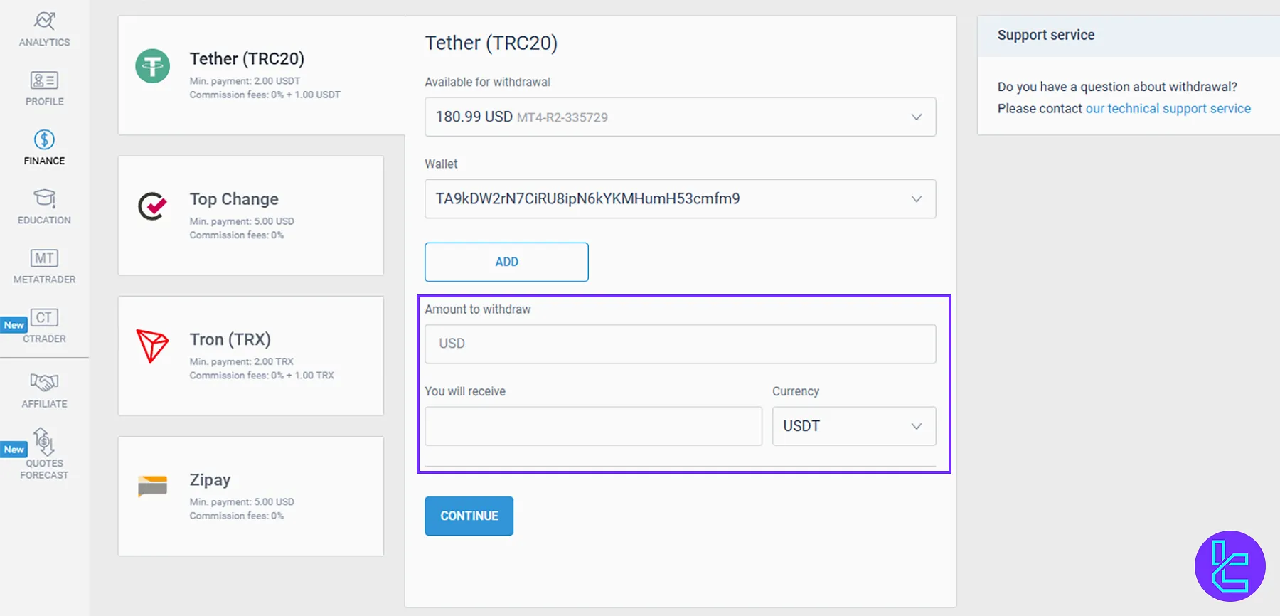 Inserting the Tether TRC-20 withdrawal amount on LiteFinance