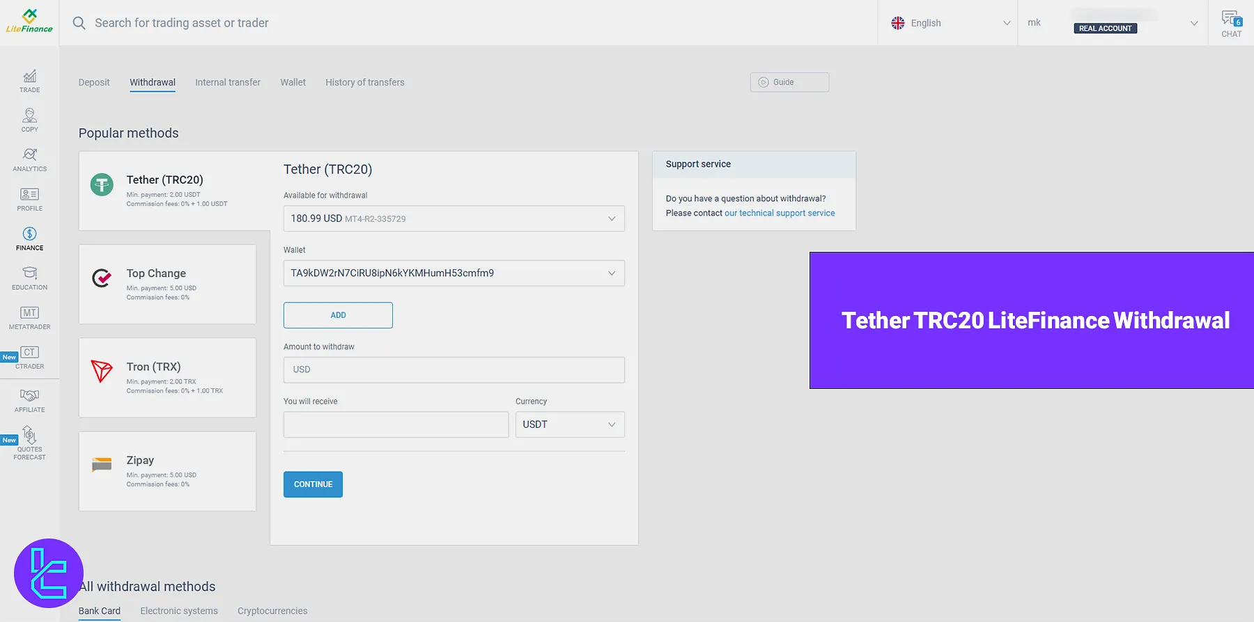 Tether TRC20 LiteFinance Withdrawal