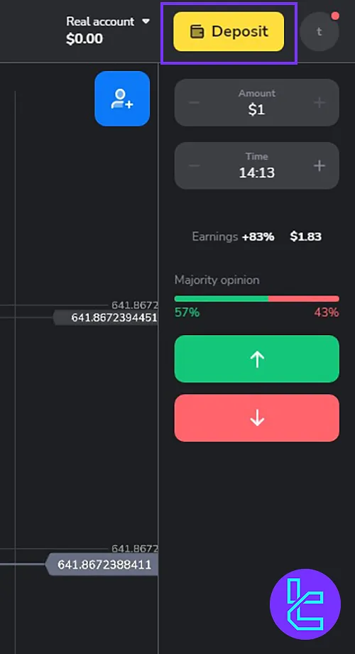 Going to the Binomo deposit section for Tether TRC20 funding