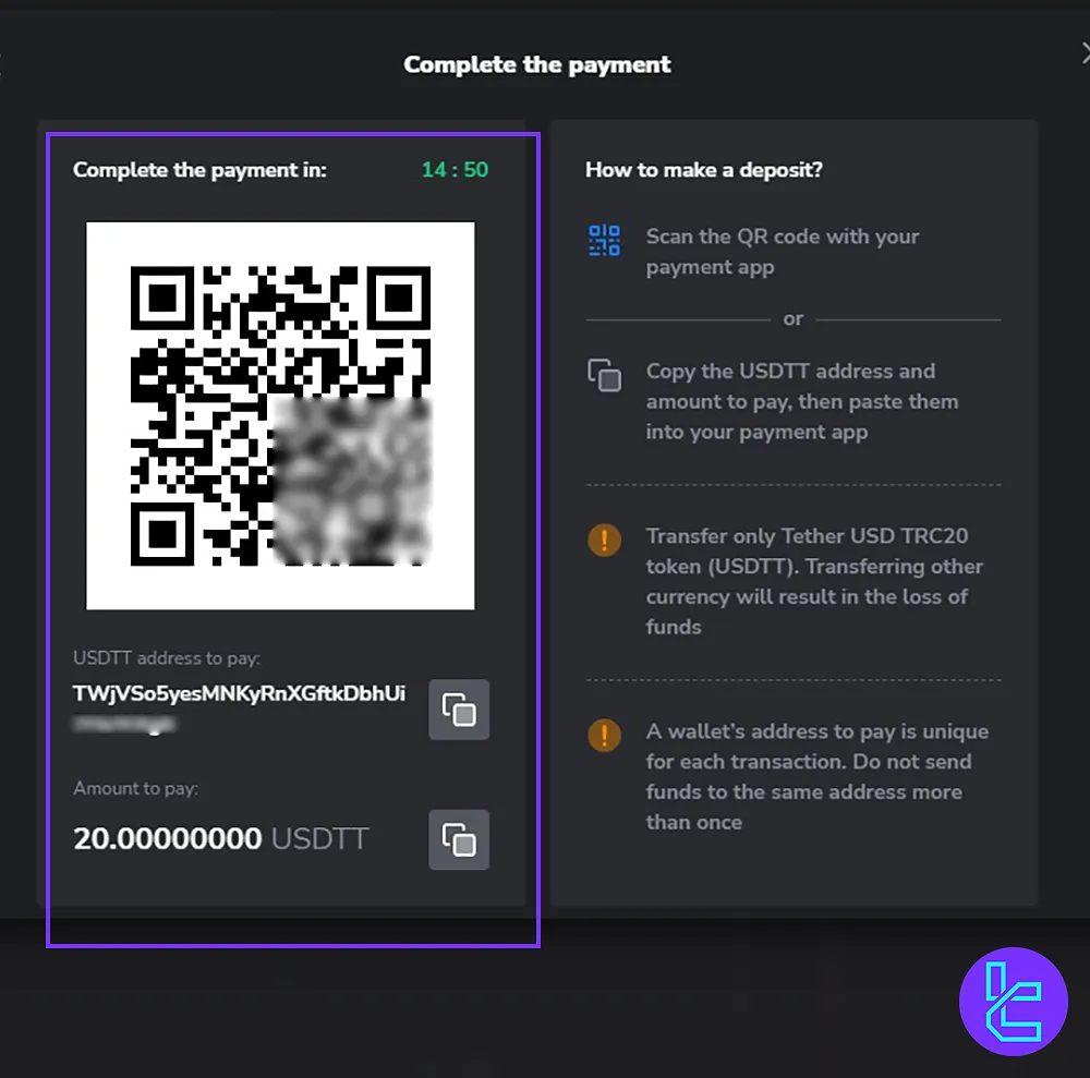 QR code displayed for Tether TRC20 deposit on Binomo