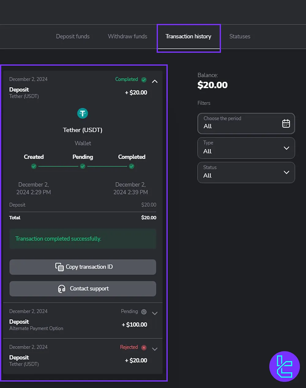 Reviewing transaction details for a Tether TRC20 deposit on Binomo