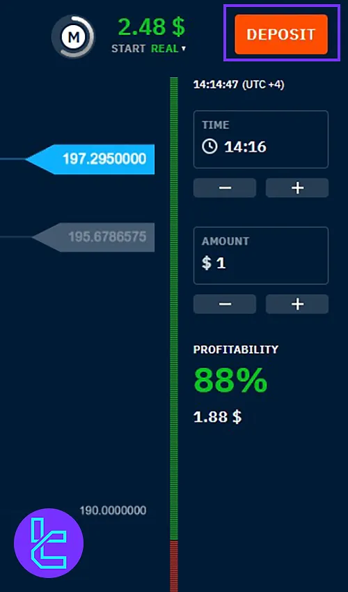 Logging in Binarium and locating the Deposit option to fund with Tether ERC20